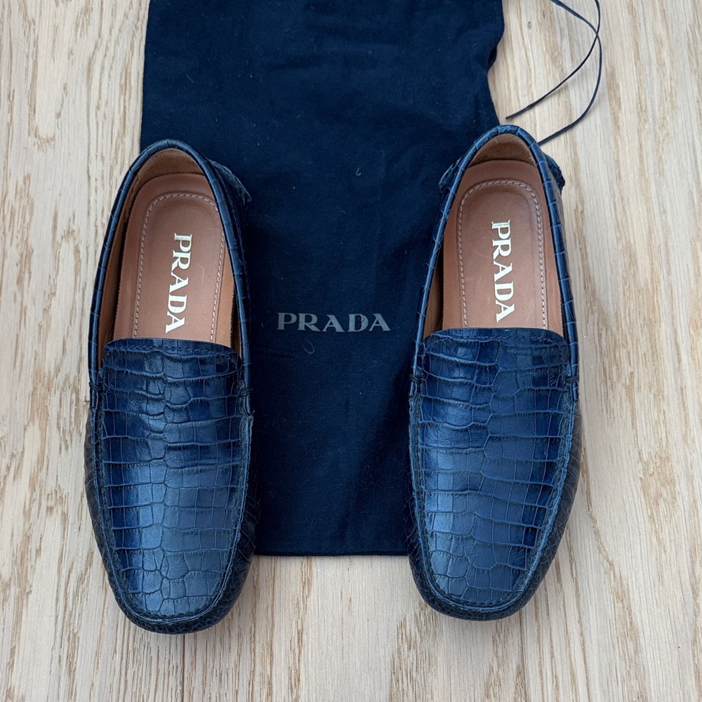 Prada Men's Navy Croc-Embossed Loafers